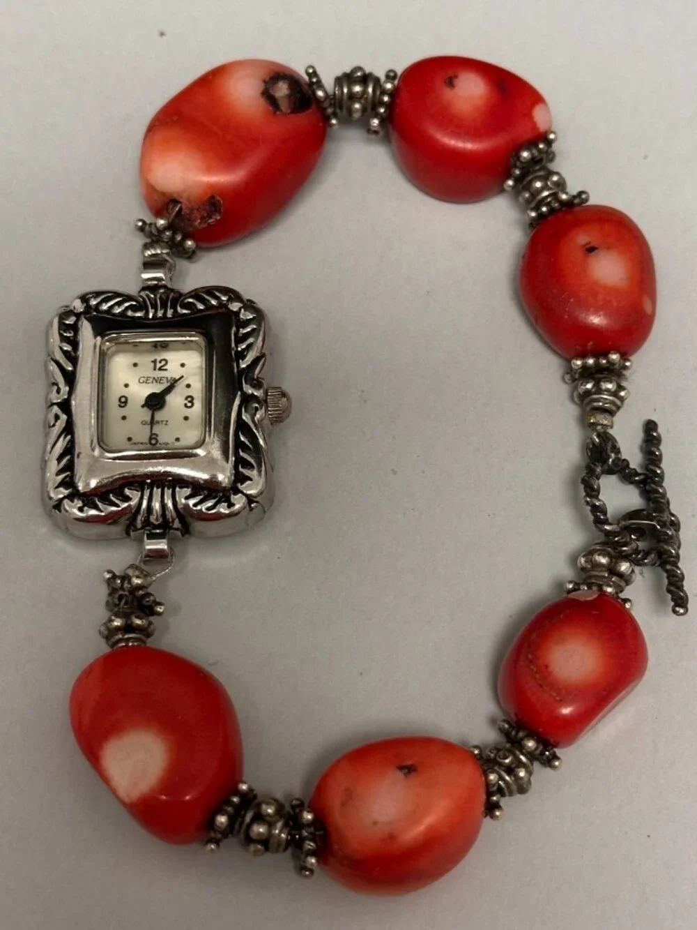 Geneva Watch Women Silver Tone Red Chunky Coral Beads Sterling Clasp Works